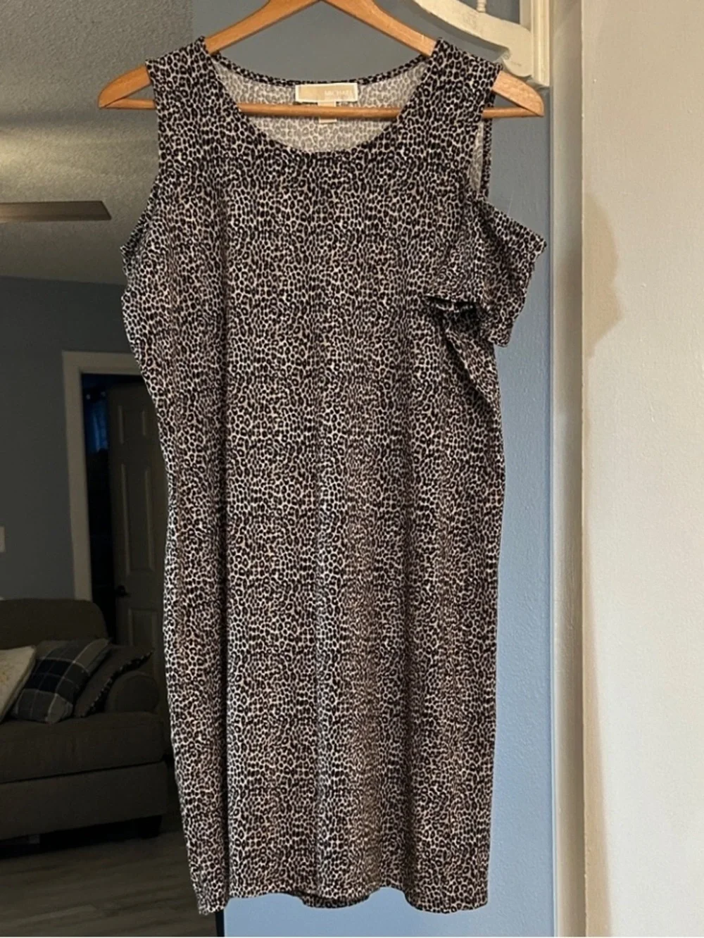 Michael Kors Cold Shoulder Animal Print Shift Dress Black & Taupe Size L